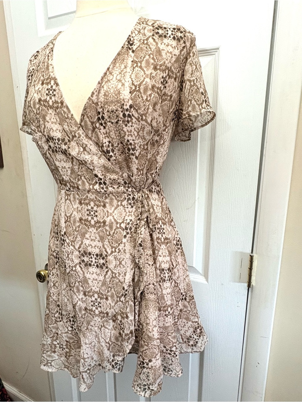 All In Favor Snake Print Wrap Mini Dress - Neutral Taupe - Picture 3 of 5